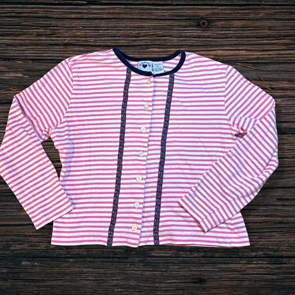Hartstrings Girls 14 Pink Stripe Cardigan Floral Trim Cottagecore Vintage